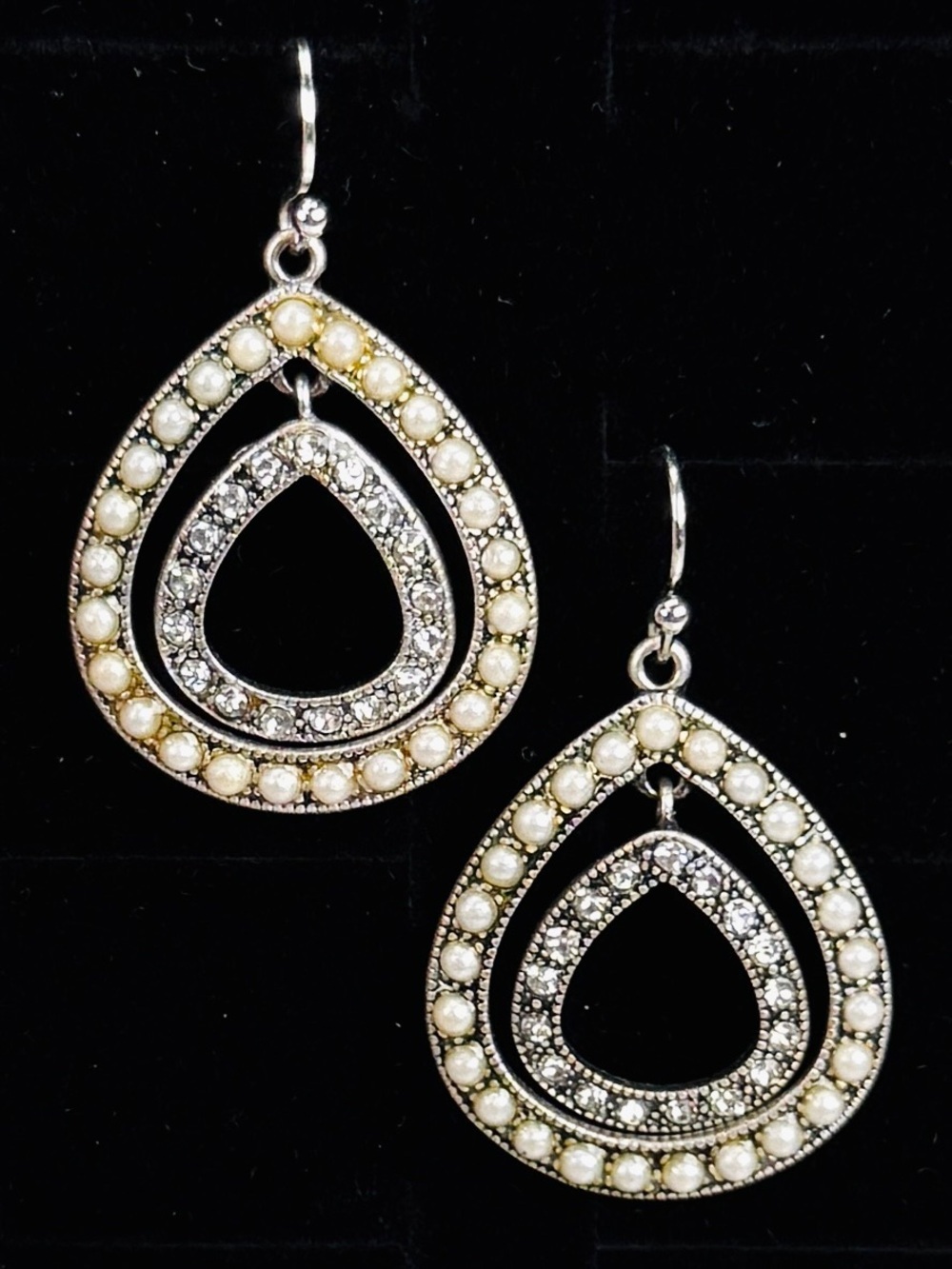 Vintage Silvertone, clear stone, faux pearl pierced earrings